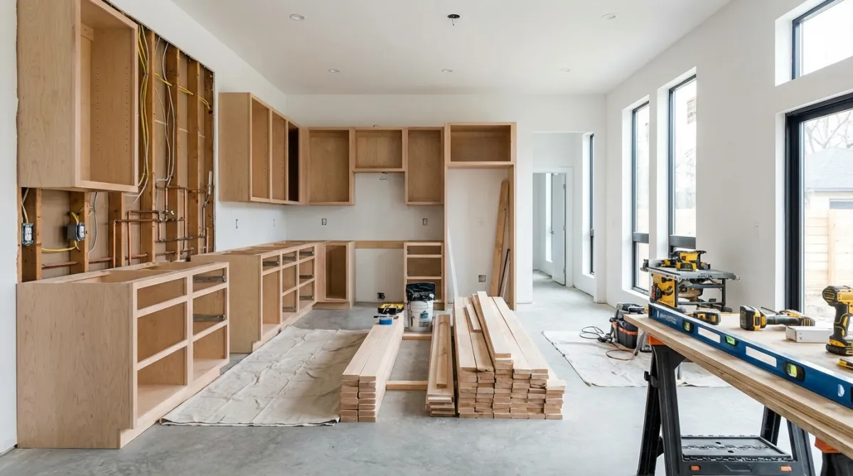 Kitchen remodel construction phase in San Diego with cabinetry installation and structural work underway