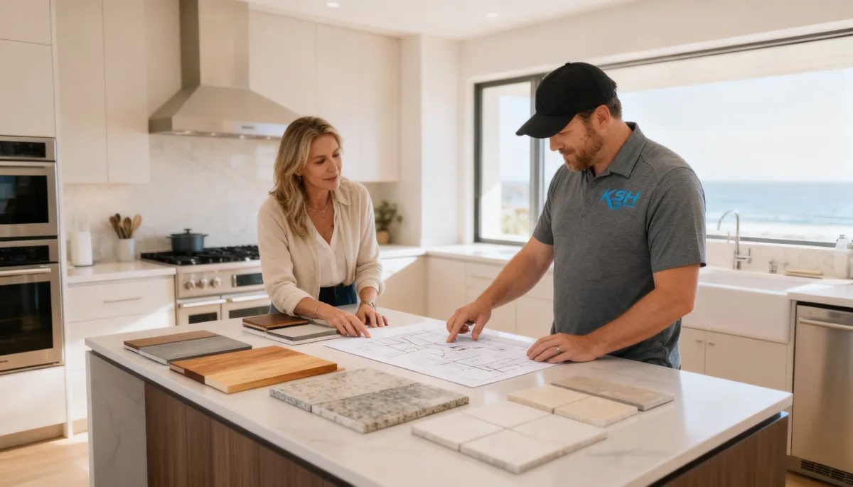 Homeowner and contractor planning a luxury kitchen remodel in San Diego with design plans and material selections